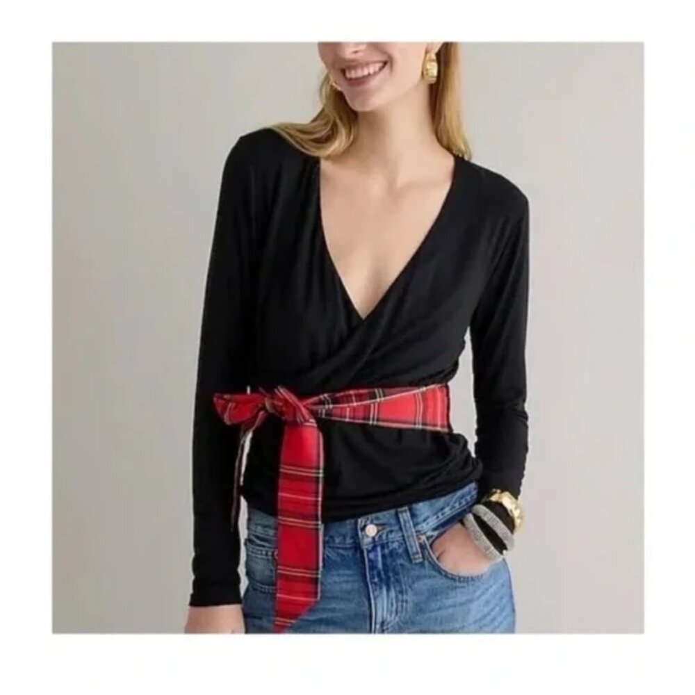J.Crew Women's Wrap Blouse with Plaid Bow Size Small